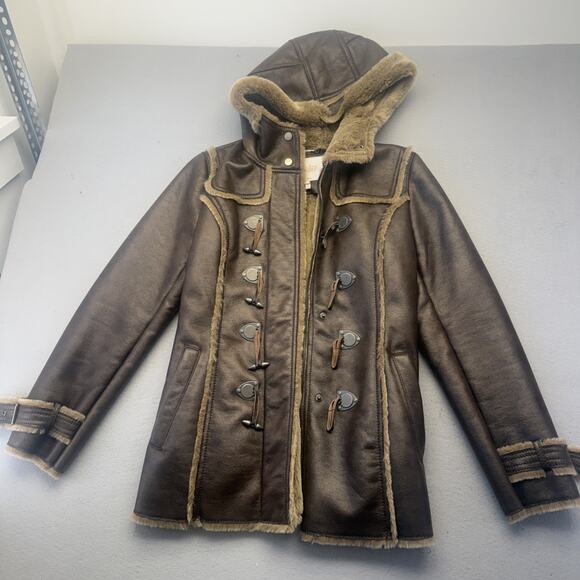 Laundry Jackets & Blazers - Laundry Shelli Segal Faux Leather Fur Hooded Duffle Toggle Jacket Coat Brown XS